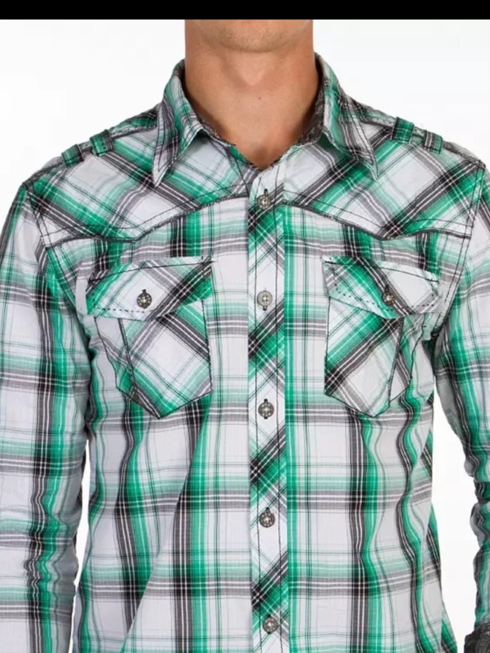 Bke Buckle Green Plaid Pearl Snap Slim Fit Albany Shirt Mens size medium cowboy